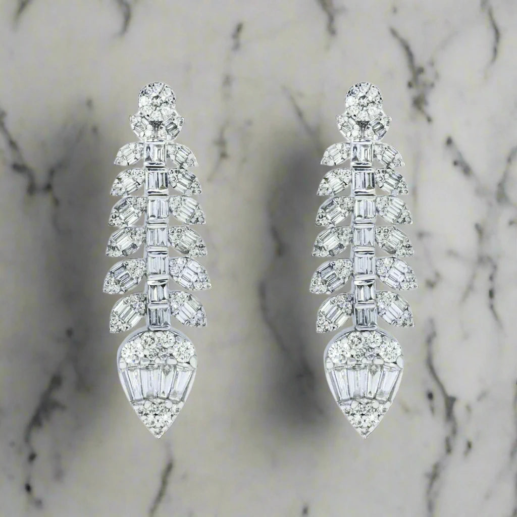 Old clip earrings-Electra 4 Carats Baguette and Round Petal Vine Diamond Drop Earrings in 14K White Gold