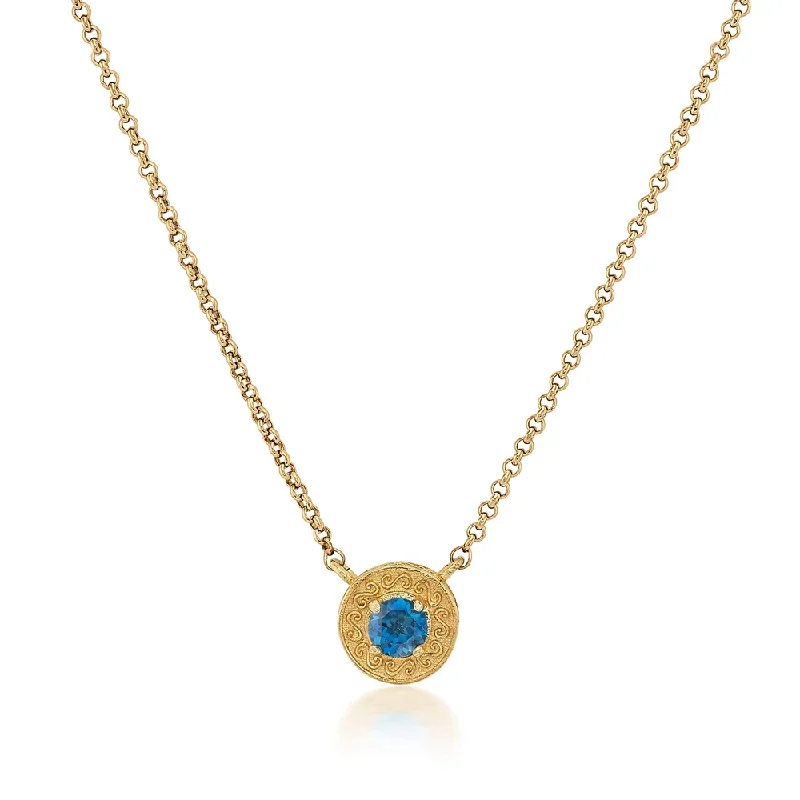 Topaz necklaces-Engraved Gold Disc Necklace in London Blue Topaz