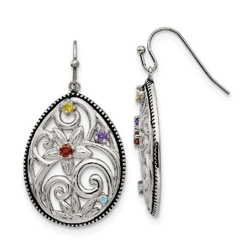 Flat knot earrings-Stainless Steel Polished/Antiqued Multicolor CZ Earrings