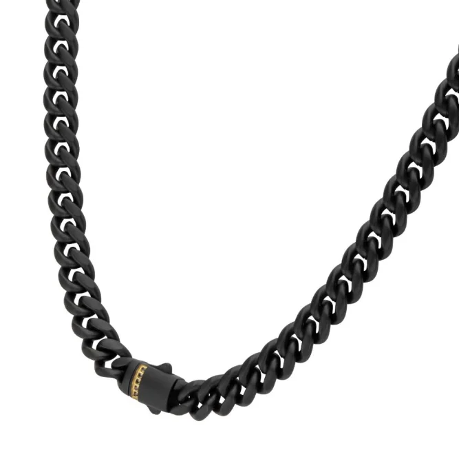 Bold gem necklaces-Black St.St/18KYP 22" 6mm Cuban Necklace w/ Matte Finish   5 Black Sapphires