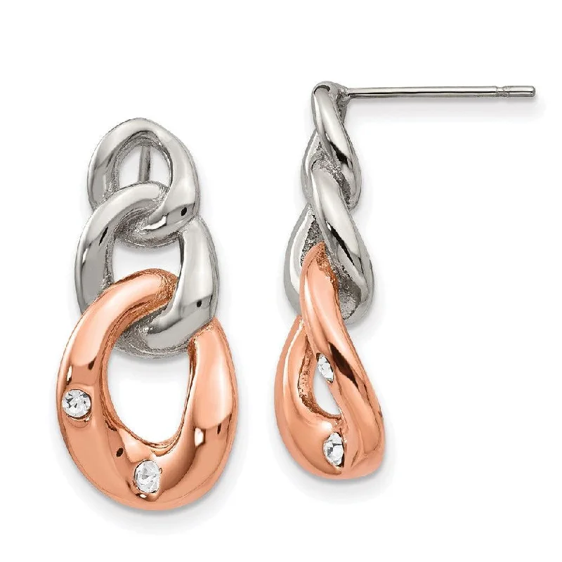 Tide motif earrings-Stainless Steel Polished w/Rose IP Loop Crystal Dangle Post Earrings