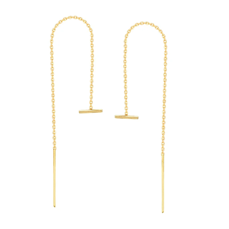 Crow feather earrings-Threader Earrings 14K Yellow Gold Polished Double Staple Bar with Box Chain