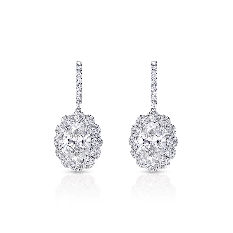 Half crescent earrings-Luanna 11 Carat I VS1 Oval Cut Lab-Grown Halo Diamond Hanging Earrings in 18k White Gold