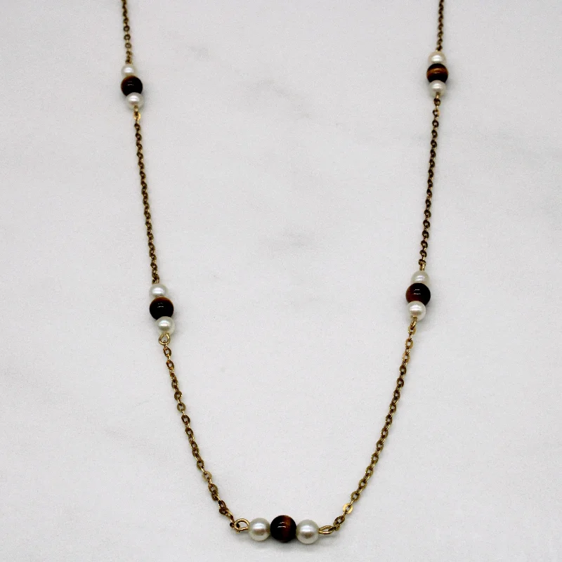 Crystal braid necklaces-Tiger Eye & Pearl Bead Necklace | 2.50ctw | 16" |