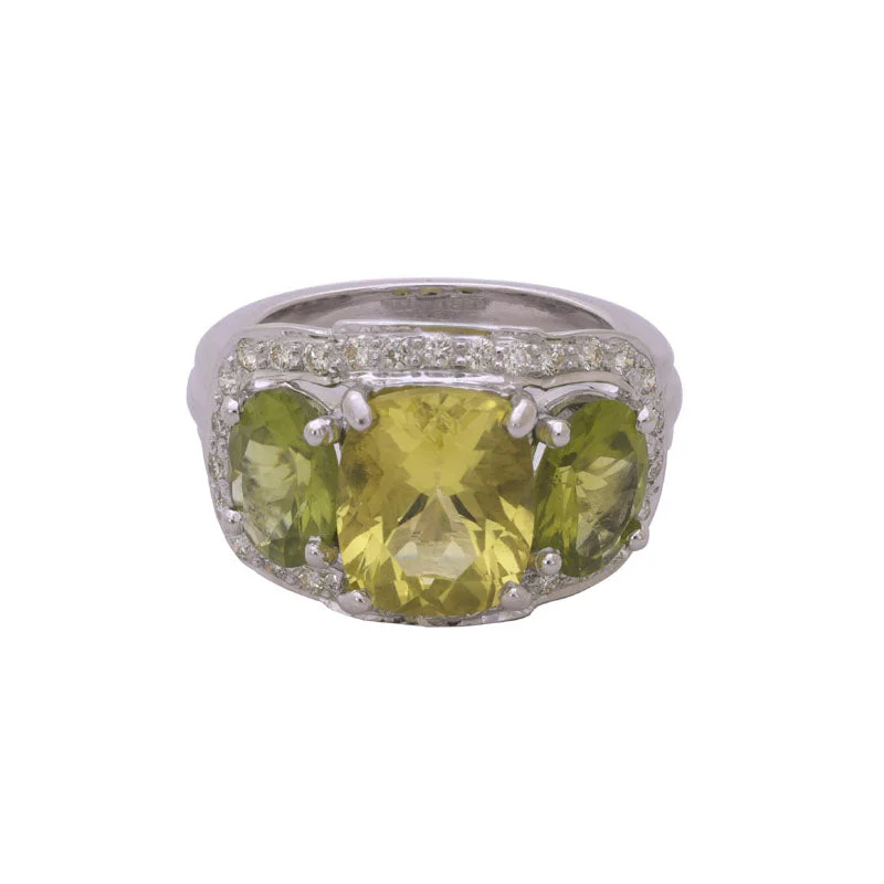 RING- LEMON QUARTZ, PERIDOT AND DIAMOND IN SILVER