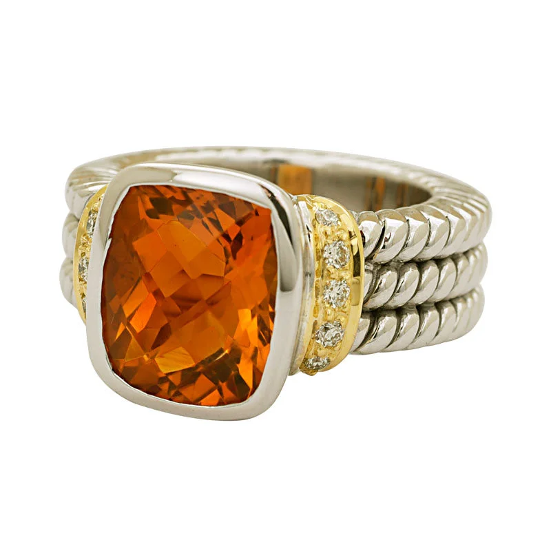 RING- CITRINE AND DIAMOND IN SILVER AND GOLD