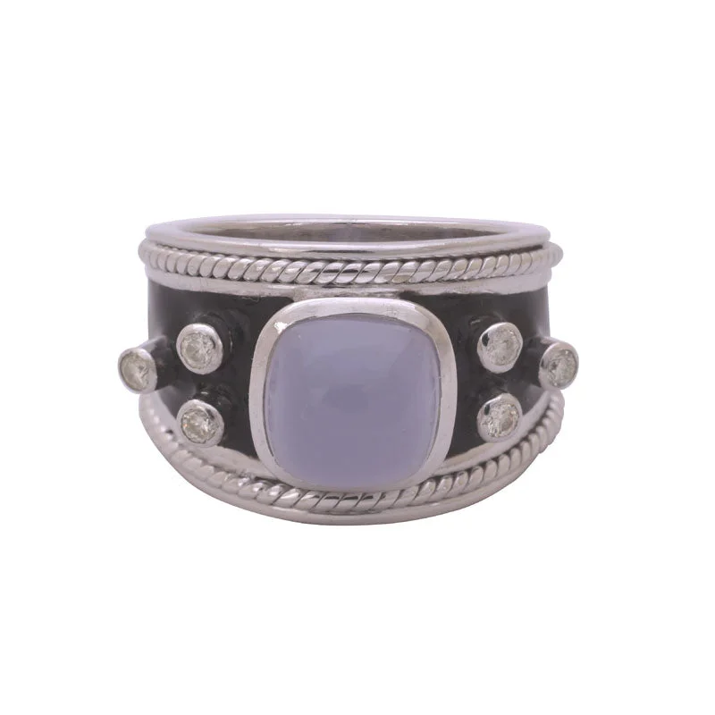 RING- CHALCEDONY AND DIAMOND (ENAMEL) IN SILVER