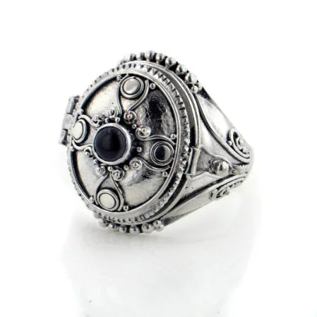 Gothic Oval Poison Box Locket Ring - Sterling Silver and Genuine Gemstone