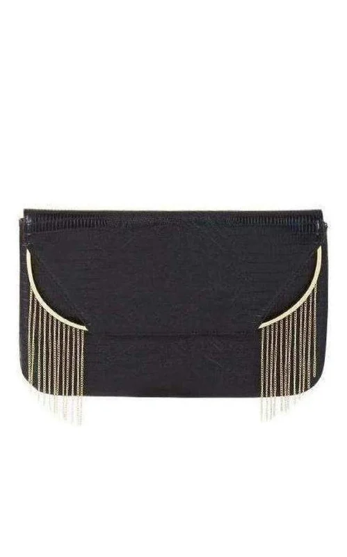 Black Snake Embossed Chain Fringe Clutch